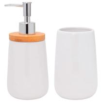 Kit Banheiro Lavabo Sabonete Líquido Escova 2 Peças Tampa Bambu Kit Banheiro Lavabo Sabonete Líquido Escova 2 Peças Tampa Bambu