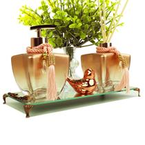 Kit Banheiro Lavabo Vidros Super Luxo C/ Bandeja Porta Sabonete e Difusor + Enfeites