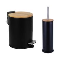 Kit Banheiro Lixeira Com Pedal 3 Litros + Escova Sanitária Preta Tampa de Bambu Fechamento Suave