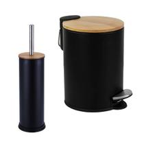 Kit Banheiro Lixeira Com Pedal 5 Litros + Escova Sanitária Preta Tampa de Bambu Fechamento Suave