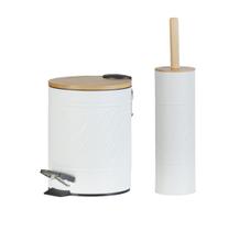 Kit Banheiro Lixeira Com Pedal Soft Close Com Cesto 5 Litros Escova Sanitária Bambu Lavabo Luxo Bene Casa