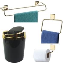 Kit Banheiro Lixeira Papeleira Toalheiro Dourado - Preto