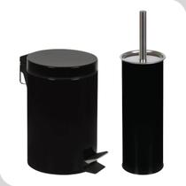 Kit Banheiro Lixeira Pedal 3L e Escova Sanitária Preto Limpeza Higiene 2 Peças