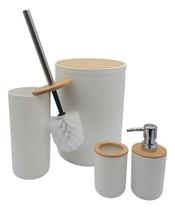 Kit Banheiro Lixeira Porta Escova 4 Peças Tampa Bambu Cores Redondo