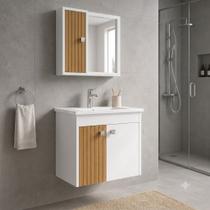 Kit Banheiro Lucca Gabinete com Cuba e Armário Espelheira MDF Branco Ripado Kit Banheiro Lucca Gabinete com Cuba e Armário Espelheira MDF Branco Ripado