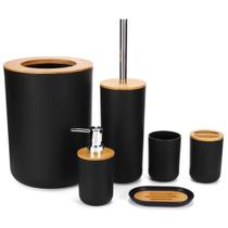 Kit Banheiro Luxo Conjunto Completo 6pçs Bambú Com Lixeira