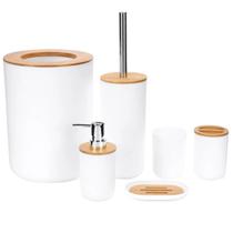 Kit Banheiro Luxo Conjunto Completo 6pçs Bambú Com Lixeira
