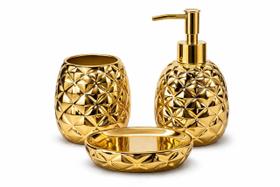 Kit Banheiro Luxo Dourado 3 Peças Porta Sabonete Copo Saboneteira Mimo Style