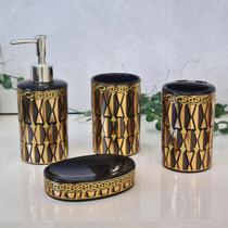 Kit Banheiro Luxo Dourado Lavabo 4 Peças Porta Sab Liquído Escova