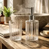 Kit Banheiro Luxo Hauskraft Premium Vidro Texturizado Dispenser Sabonete e Copo
