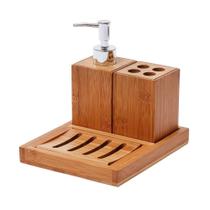 Kit Banheiro Luxo Lavabo Bambu 4 Peças Saboneteira Kit Banheiro Luxo Lavabo Bambu 4 Peças Saboneteira