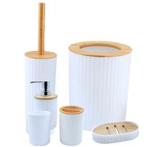 Kit Banheiro Luxo Lavabo Lixeira Escova Conjunto 6 Pçs Bambu