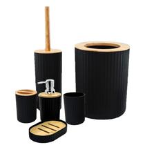 Kit Banheiro Luxo Lavabo Lixeira Escova Conjunto 6 Pçs Bambu