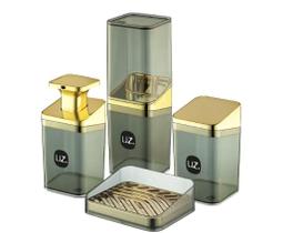 Kit Banheiro Luxo Preto com Dourado UZ 4 Peças