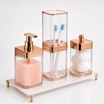 Kit Banheiro Luxuoso Gold 3 Peças: Dispenser, Porta Escova e Algodão Premium