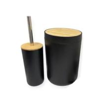 Kit Banheiro Moderno Conjunto com Lixeira Porta Escova de Dente Dispenser Escova Sanitária Bambu