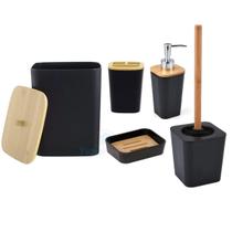 Kit Banheiro Moderno Conjunto com Lixeira Porta Escova de Dente Saboneteira Bambu