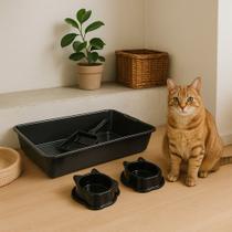 Kit Banheiro Pet Gato com Bandeja Sanitária Pazinha 2 Potes de Ração ou Água