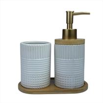 Kit Banheiro Porcelana 3 Peças Saboneterira Bandeja Bambu