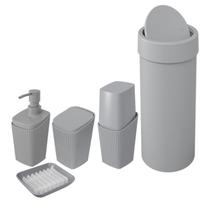 Kit Banheiro Porta Escova Cotonete Dispenser Saboneteira Lixeira Basculante 9L New Square Cinza - Coza Kit Banheiro Porta Escova Cotonete Dispenser Saboneteira Lixeira Basculante 9L New Square Cinza - Coza