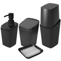 Kit Banheiro Porta Escova Cotonete Dispenser Saboneteira New Square Preto - Coza Kit Banheiro Porta Escova Cotonete Dispenser Saboneteira New Square Preto - Coza
