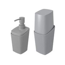 Kit Banheiro Porta Escova Dispenser Sabonete Líquido New Square Cinza - Coza Kit Banheiro Porta Escova Dispenser Sabonete Líquido New Square Cinza - Coza