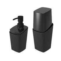 Kit Banheiro Porta Escova Dispenser Sabonete Líquido New Square Preto - Coza Kit Banheiro Porta Escova Dispenser Sabonete Líquido New Square Preto - Coza