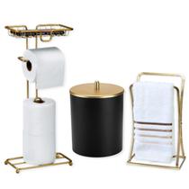 Kit Banheiro Porta Papel Lixeira Preta com Tampa Dourada e Porta Toalha Acessórios Lavabo Kit Banheiro Porta Papel Lixeira Preta com Tampa Dourada e Porta Toalha Acessórios Lavabo