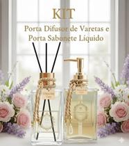 Kit Banheiro Porta Sabonete + Porta Difusor Vidro com Válvula Dourada Prata Rosê Decoração Luxo Kit Banheiro Porta Sabonete + Porta Difusor Vidro com Válvula Dourada Prata Rosê Decoração Luxo