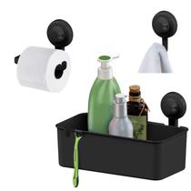 Kit Banheiro Porta Shampoo Suporte Papel Higiênico Cabide Gancho Multiuso Ventosa Preto - Future