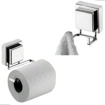 Kit Banheiro Porta Toalha de Rosto Duplo Suporte Papeleira Ventosa Cromado Future
