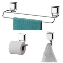 Kit Banheiro Porta Toalha Duplo Suporte Papel Higiênico Gancho Cabide Ventosa - Future Kit Banheiro Porta Toalha Duplo Suporte Papel Higiênico Gancho Cabide Ventosa - Future