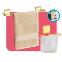 Kit Banheiro Porta Toalhas de Banhos e Rosto Toalheiro Lavabo Banheiro Parede Fixação Sem Furos Fita Adesiva Dupla Face Gold Dourado Future