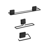 Kit banheiro preto fosco 3 peças fixaçao por adesivo Norbond Future porta toalha banho duplo, rosto, papeleira Kit banheiro preto fosco 3 peças fixaçao por adesivo Norbond Future porta toalha banho duplo, rosto, papeleira