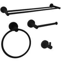 Kit Banheiro Preto Fosco Aço Inox 304 Acessorios Para Lavabo Luxo 4 Peças Porta Toalha Redondo Toalheiro Duplo Papeleira Gancho Cabide Suporte Parede