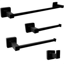Kit Banheiro Preto Fosco Metal Inox Acessórios Quadrado Toalheiro Reto Cabide Papeleira Jogo 4 Peças Kit Banheiro Preto Fosco Metal Inox Acessórios Quadrado Toalheiro Reto Cabide Papeleira Jogo 4 Peças