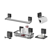 kit banheiro preto fosco ventosa 05 peças Future porta toalha duplo, cabide gancho, papeleira, porta shampoo, saboneteira kit banheiro preto fosco ventosa 05 peças Future porta toalha duplo, cabide gancho, papeleira, porta shampoo, saboneteira