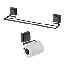 kit banheiro preto fosco ventosa 2 peças porta toalha banho duplo e porta papel higiênico PRAKZA kit banheiro preto fosco ventosa 2 peças porta toalha banho duplo e porta papel higiênico PRAKZA