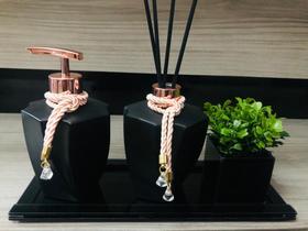 Kit Banheiro Preto Rose Gold Vaso Aroma Sabonete Bandeja