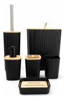 Kit Banheiro Quadrado Com Tampa De Bambu 6 Peças Preto Mimo Style Kit Banheiro Quadrado Com Tampa De Bambu 6 Peças Preto Mimo Style