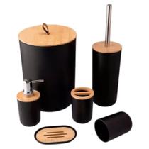 Kit Banheiro Redondo Lixeira 6 Peças Tampa Em Bambu - Flashgoods
