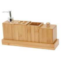 Kit Banheiro Sabonete Líquido Porta Escova 5 Peças Bambu