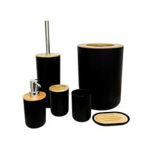Kit Banheiro Sofisticado Escova Sanitária Acessórios Lavabo Preto Branco 6 Peças Completo Decoração Lixeira Tampa Aberta