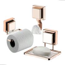 Kit Banheiro Suporta Papel Higiênico Papeleira Toalheiro de Rosto Saboneteira Com Ventosa Rosa Gold