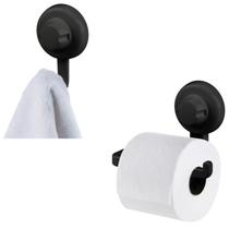 Kit Banheiro Suporte Porta Papel Higiênico Gancho Cabide Multiuso Ventosa Preto - Future Kit Banheiro Suporte Porta Papel Higiênico Gancho Cabide Multiuso Ventosa Preto - Future