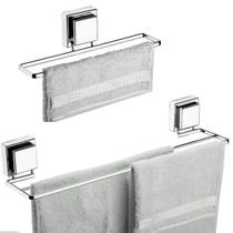 Kit Banheiro Suporte Porta Toalha de Banho Duplo + Porta Toalha de Rosto Fixação Com Ventosa