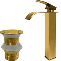Kit Banheiro Torneira Dourada Monocomando Agua Quente Fria Bica Alta e Válvula click 1 ¼ Aço Inox Ralo de Escoamento Pia Cuba 40mm Gold Luxo Brilhoso Kit Banheiro Torneira Dourada Monocomando Agua Quente Fria Bica Alta e Válvula click 1 ¼ Aço Inox Ralo de Escoamento Pia Cuba 40mm Gold Luxo Brilhoso