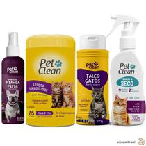 KIT Banho a Seco Gato 300ml, Lenço Umedecido 75unid Gatos, Talco Gatos e Perfume Vários Aromas Pet Clean