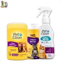 Kit Banho a Seco Gatos 300ml, Lenço Umedecido 75 unidades e Talco Gatos 100g Kit Banho a Seco Gatos 300ml, Lenço Umedecido 75 unidades e Talco Gatos 100g