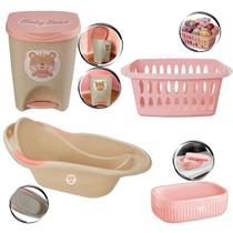 Kit Banho Baby Bebê Infantil Menina Banheira Saboneteira Cesto Lixeira